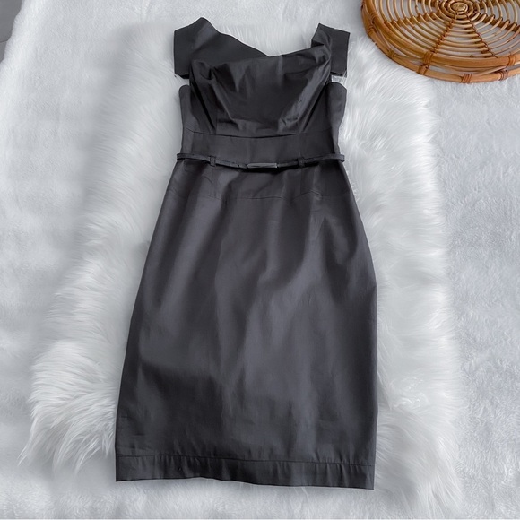 Black Halo Jackie Belted Stretch Gabardine Sheath Dress Gray Cap Sleeve - Picture 4 of 11